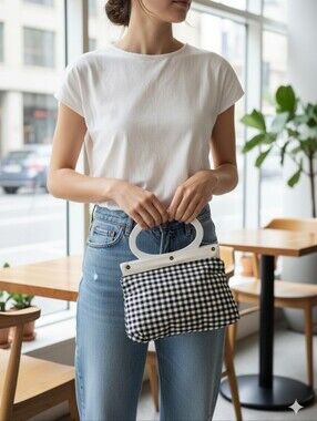 Vintage Ex Condition White & Black Gingham Top-Handle Bag, $40
